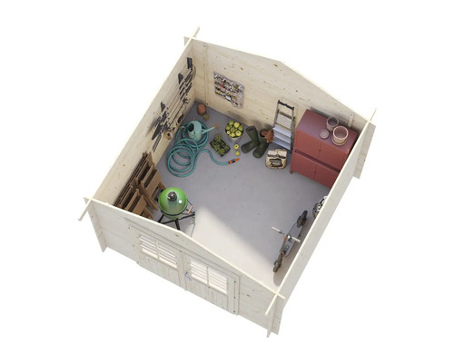 Vue intérieure d'un abri de jardin avec outils de jardinage, barbecue et outils