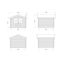 Schéma technique d'une cabane de jardin avec dimensions.
