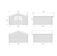 Technische Zeichnung eines Gartenhauses mit Maßangaben.