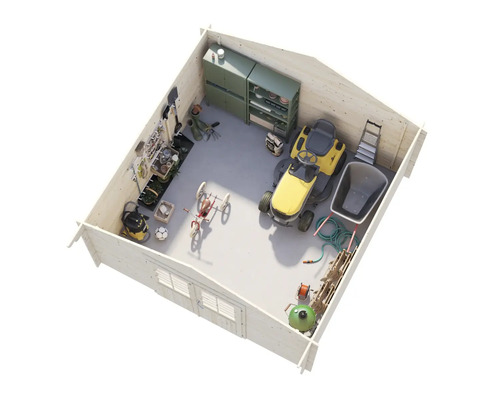 Vue intérieure d'un abri de jardin avec tondeuse à gazon, brouette et outils de jardinage