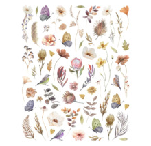 Aquarellillustration mit Blumen, Blättern, Schmetterlingen und Vögeln