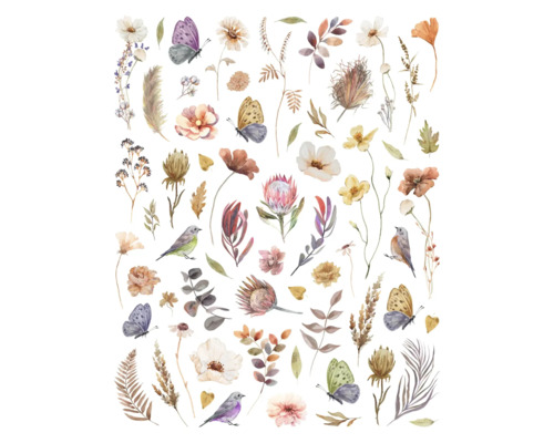 Aquarellillustration mit Blumen, Blättern, Schmetterlingen und Vögeln