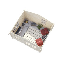 Vue intérieure d'une cabane de jardin aménagée en studio de musique avec guitare, clavier, batterie, fauteuils et tapis