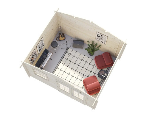 Vue intérieure d'une cabane de jardin aménagée en studio de musique avec guitare, clavier, batterie, fauteuils et tapis