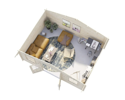 Innenansicht eines Holzhauses mit Sofa, Tisch, Teppich und Arbeitsbereich.