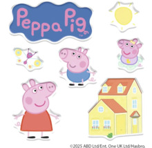Autocollants avec des images de la série de dessins animés Peppa Pig, y compris le logo Peppa Pig, Peppa, George, un papillon, un soleil et une maison