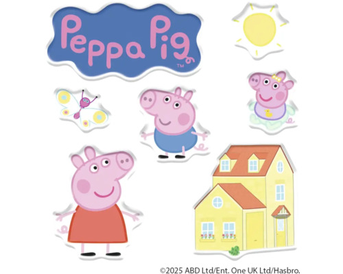 Autocollants avec des images de la série de dessins animés Peppa Pig, y compris le logo Peppa Pig, Peppa, George, un papillon, un soleil et une maison