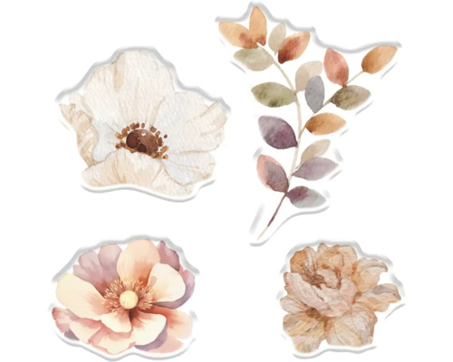 Illustration de quatre fleurs et d'une branche feuillue