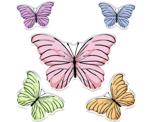 Cinq papillons de différentes couleurs.