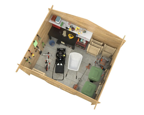 Innenansicht eines Holzgartenhauses mit Werkbank, Werkzeugen und Gartengeräten zur Aufbewahrung