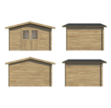 Gartenhaus aus Holz mit Doppeltür und Fenstern, verschiedene Ansichten