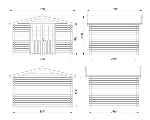 Technische Zeichnung eines Gartenhauses mit Maßangaben