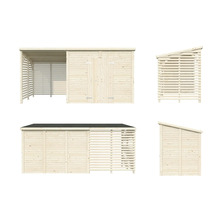 Abri de jardin en bois avec remise à outils et espace de stockage ouvert en différentes vues