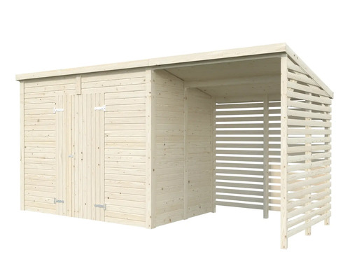 Abri de jardin en bois avec double porte et abri latéral