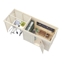 Vue de dessus d'une cabane de jardin avec des outils de jardinage, des outils et des options de rangement.