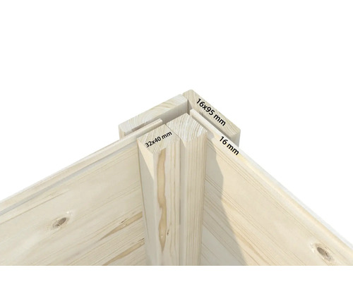 Construction en bois, détail de l'angle avec dimensions