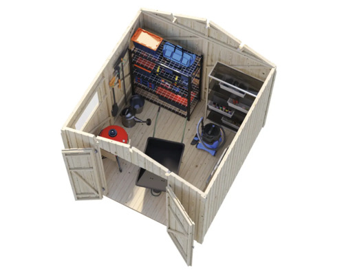 Innenansicht eines Gartenhauses mit Regalen und Gartengeräten.