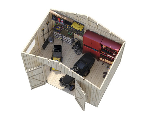 Ein Holzgartenhaus mit Gartengeräten und Aufbewahrungsmöbeln