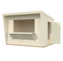 Maison de jardin en bois avec volet de vente et porte ouverte