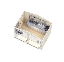 Schnittansicht eines Holzgartenhauses mit Café-Einrichtung