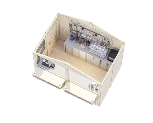 Schnittansicht eines Holzgartenhauses mit Café-Einrichtung