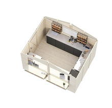 Vue intérieure d'une cabane de jardin en bois avec espace de vente et comptoir