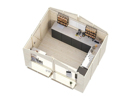 Vue intérieure d'une cabane de jardin en bois avec espace de vente et comptoir