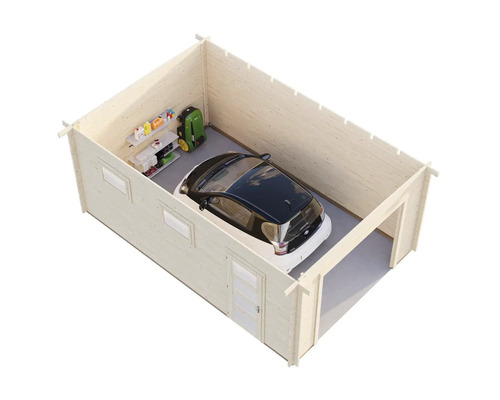 Garage en bois avec voiture, étagères et robot tondeuse