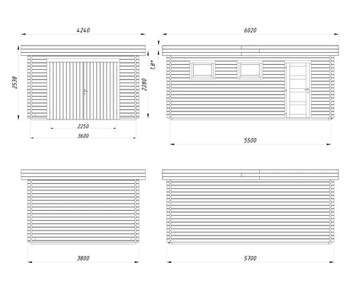 Technische Zeichnung einer Blockhütte mit Garagentor, Fenster und Tür mit Maßangaben