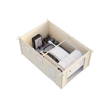 Garage en bois avec voiture, armoire à outils et outils de jardin