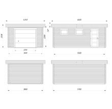 Dessin technique d'une maison en bois avec garage et porte d'entrée, ainsi que des indications de taille.