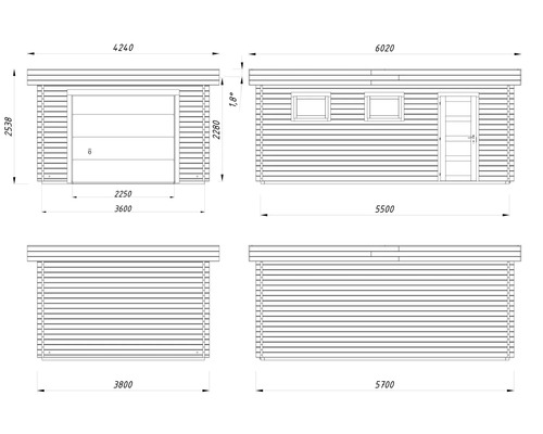 Dessin technique d'une maison en bois avec garage et porte d'entrée, ainsi que des indications de taille.