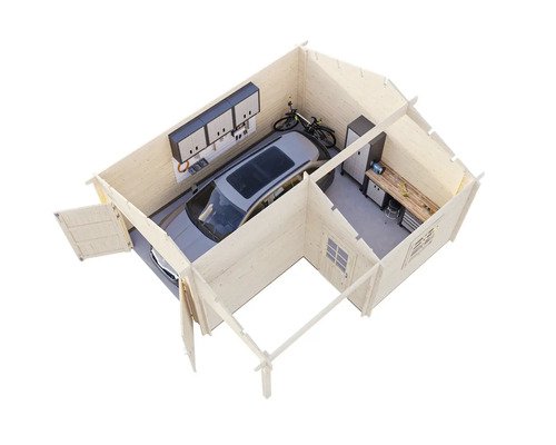Vue intérieure d'un garage avec voiture, établi, vélos et armoires à outils