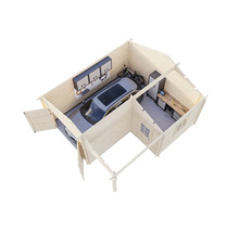 Holzgarage mit Auto, Fahrrad und Werkbank im Inneren