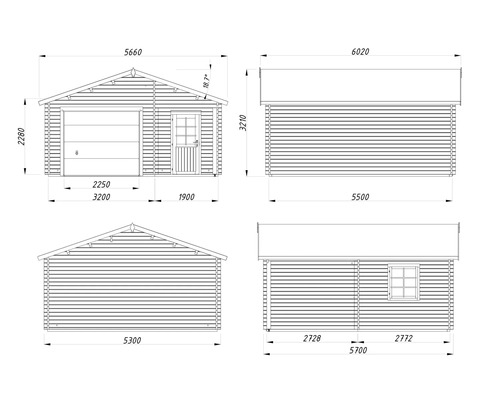 Technische Zeichnung einer Garage mit Maßen.