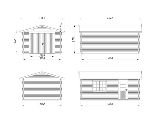 Technische Zeichnung eines Gartenhauses mit Massangaben
