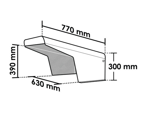 Technische Zeichnung eines Objekts mit den Maßen 770 mm, 390 mm, 630 mm und 300 mm.