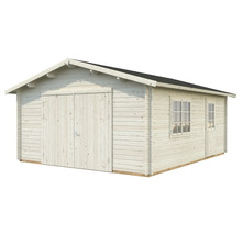 Garage en bois avec double porte, fenêtre et porte latérale