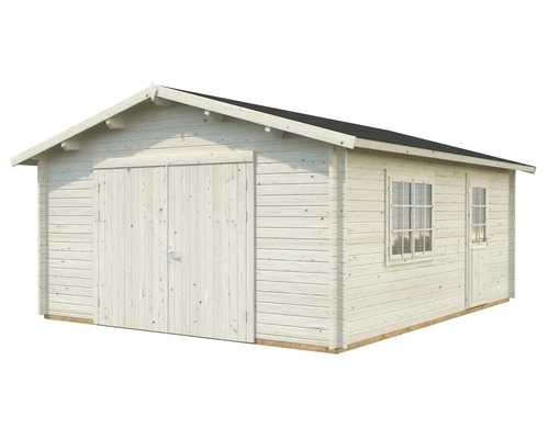 Garage en bois avec double porte, fenêtre et porte latérale