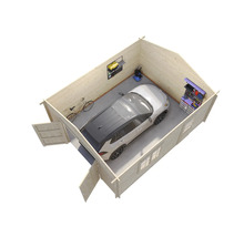 Garage en bois avec voiture, outils et vélo