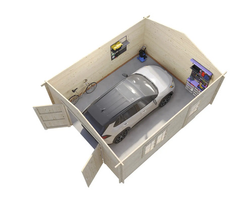 Garage en bois avec voiture, outils et vélo