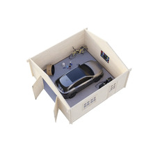 Illustration einer Holzgarage mit Auto, Fahrrad und Werkzeug