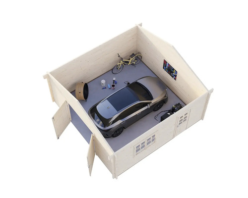 Ansicht eines Gerätehauses mit Auto, Fahrrad und Werkzeugen