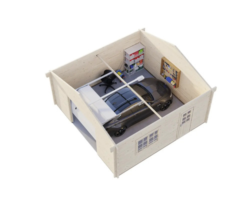 Vue tronquée d'un garage en bois avec voiture, étagère et mur à outils