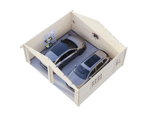 Doppelgarage aus Holz mit zwei Autos und Regalen