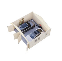 Draufsicht einer Doppelgarage aus Holz mit zwei Autos und Gartengeräten