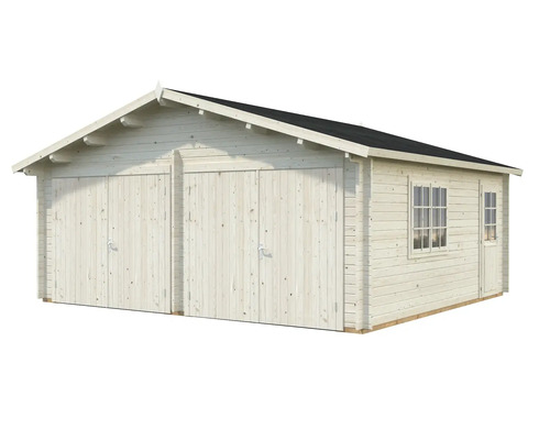 Doppelgarage aus Holz mit zwei Fenstern und einer Tür