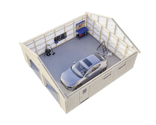 Garage avec voiture, établi et outils