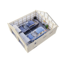 Garage mit zwei Autos, Regalen und Gartengeräten