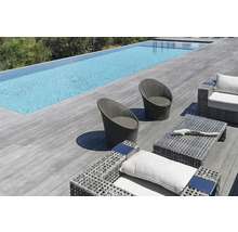 Aussenbereich mit Schwimmbad, Terrasse mit Sitzgruppe und Korbsesseln